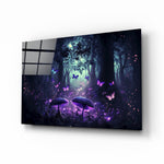 Mushrooms' Love glass wall art displayed above a desk in a kids room with violet and emerald accents