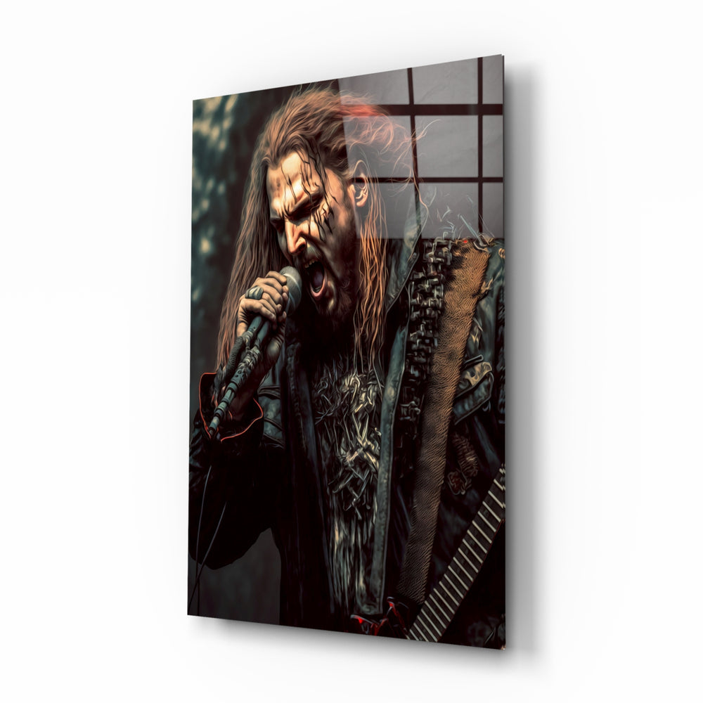 Rockerz glass wall art displayed above a black leather sectional in a moody man cave with brass sconces