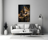 Ape King in Throne close-up showing crowned silverback on golden throne