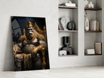 Ape King in Throne glass print enhancing a living room with cinematic mood