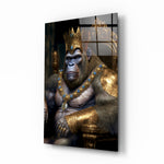 Ape King in Throne glass wall art displayed above a walnut console in a moody hallway with brass sconces