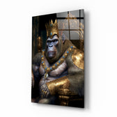 Ape King in Throne glass wall art displayed above a walnut console in a moody hallway with brass sconces