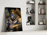 Ape King in Throne glass print enhancing a living room with cinematic mood