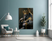 Ape King in Throne glass wall art styled above a desk in an office
