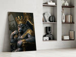 Ape King in Throne glass print enhancing a living room with cinematic mood