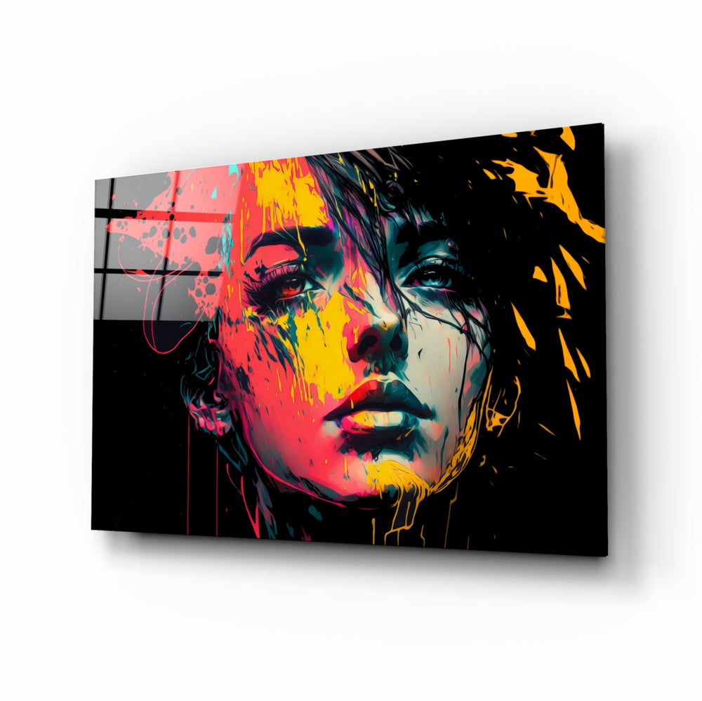 Rebel Beauty glass wall art displayed above a desk in a moody teen lounge with magenta and saffron LED accents