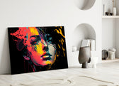 Rebel Beauty close-up showing defiant muse amid magenta and saffron paint splatters