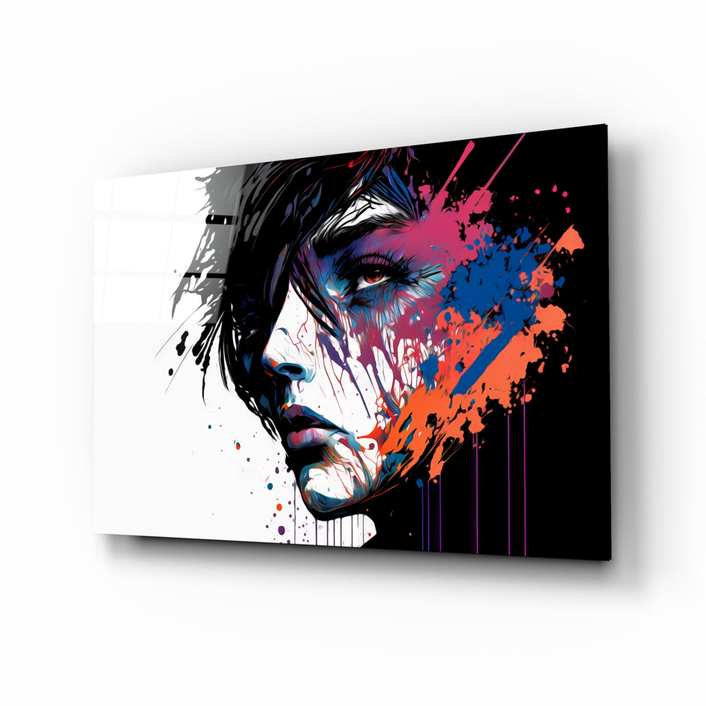 Rebel Beauty glass wall art displayed above a desk in a moody teen lounge with cobalt and tangerine LED accents