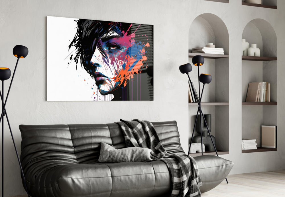 Rebel Beauty glass wall art styled above a console in a hallway