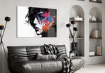 Rebel Beauty glass wall art styled above a console in a hallway