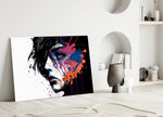 Rebel Beauty close-up showing half-face muse exploding in cobalt and tangerine splatters