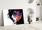 Rebel Beauty close-up showing half-face muse exploding in cobalt and tangerine splatters