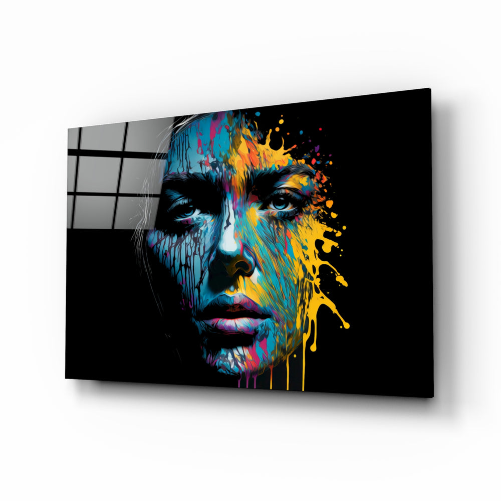 Beautiful Splash glass wall art displayed above a desk in a moody teen lounge with cyan and magenta LED accents