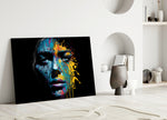 Beautiful Splash close-up showing half-faced muse with cyan cheek and rainbow splatters