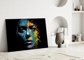 Beautiful Splash close-up showing half-faced muse with cyan cheek and rainbow splatters