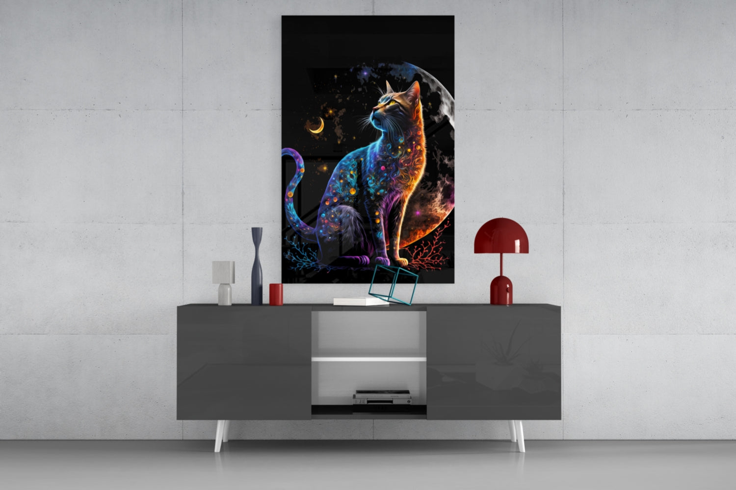 Moon Cat Glass Wall Art  || Designer Collection | Insigne Art Design.