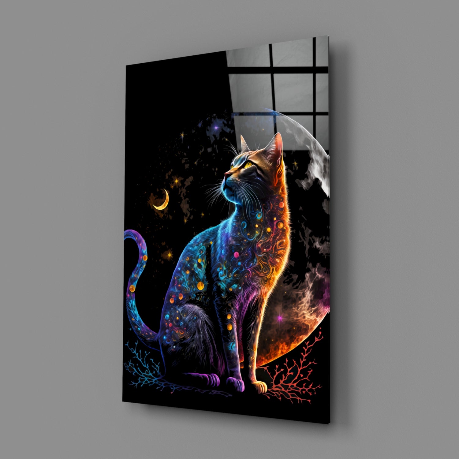 Moon Cat Glass Wall Art  || Designer Collection | Insigne Art Design.