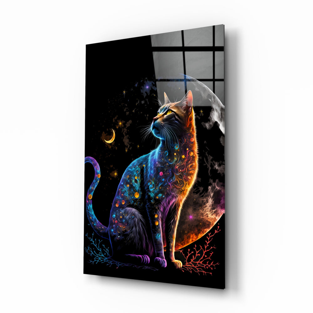 Moon Cat glass wall art displayed above a desk in a kids room with ember and cobalt LED accents