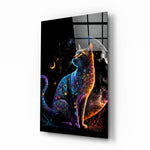 Moon Cat glass wall art displayed above a desk in a kids room with ember and cobalt LED accents