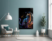 Moon Cat glass wall art styled above a console in a living room
