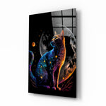 Moon Cat glass wall art displayed above a desk in a kids room with cobalt and ember LED accents