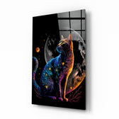 Moon Cat glass wall art displayed above a desk in a kids room with cobalt and ember LED accents
