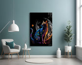 Moon Cat glass wall art styled above a console in a living room