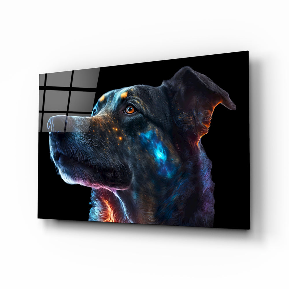 Space Dog glass wall art displayed above a desk in a kids room with cobalt and tangerine LED accents