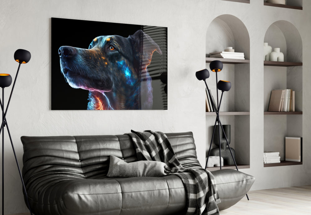 Space Dog glass wall art styled above a console in a hallway