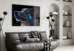 Space Dog glass wall art styled above a console in a hallway