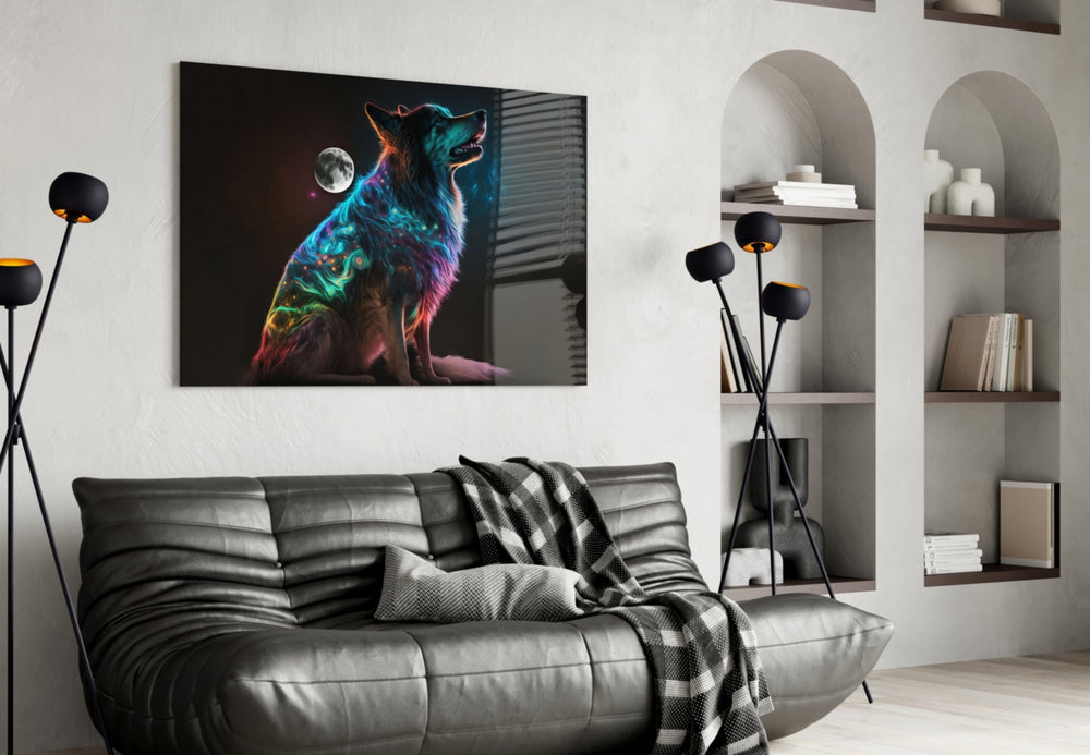 Space Dog glass wall art styled above a console in a hallway