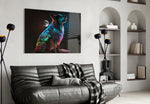 Space Dog glass wall art styled above a console in a hallway