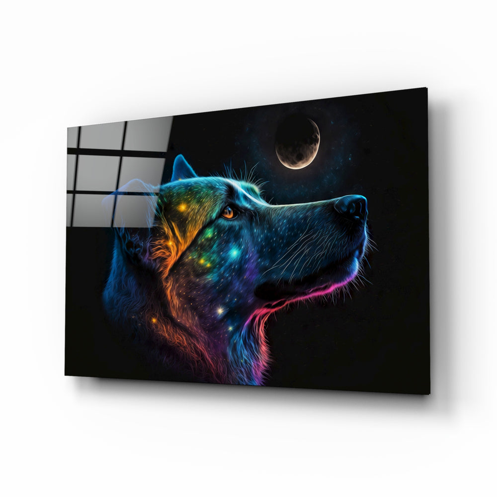 Space Dog glass wall art displayed above a desk in a kids room with cobalt and coral LED accents