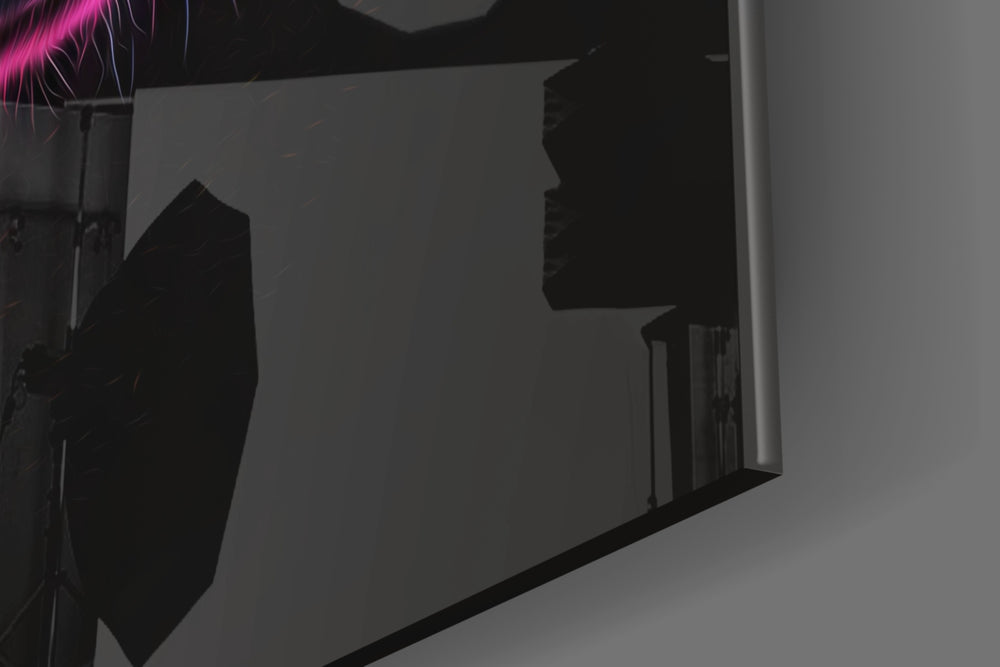 Space Dog artwork anchoring a wall with bold dramatic palette
