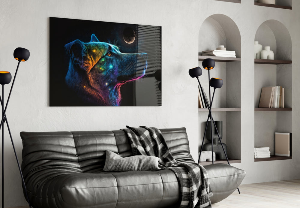 Space Dog glass wall art styled above a console in a hallway