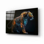 Sparkling Glory glass wall art displayed above a black leather sectional in a moody man cave with brass sconces