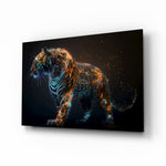 Sparkling Glory glass wall art displayed above a black leather sectional in a moody man cave with brass sconces