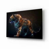 Sparkling Glory glass wall art displayed above a black leather sectional in a moody man cave with brass sconces