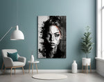 Scribbled Beauty glass wall art styled above a desk in an office