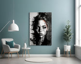 Scribbled Beauty glass wall art styled above a desk in an office