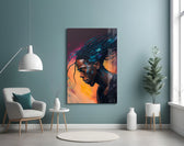 Roy Woods glass wall art styled above a desk in a music room