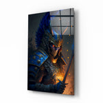 Master Warrior glass wall art displayed above a black leather sectional in a moody man cave with brass sconces