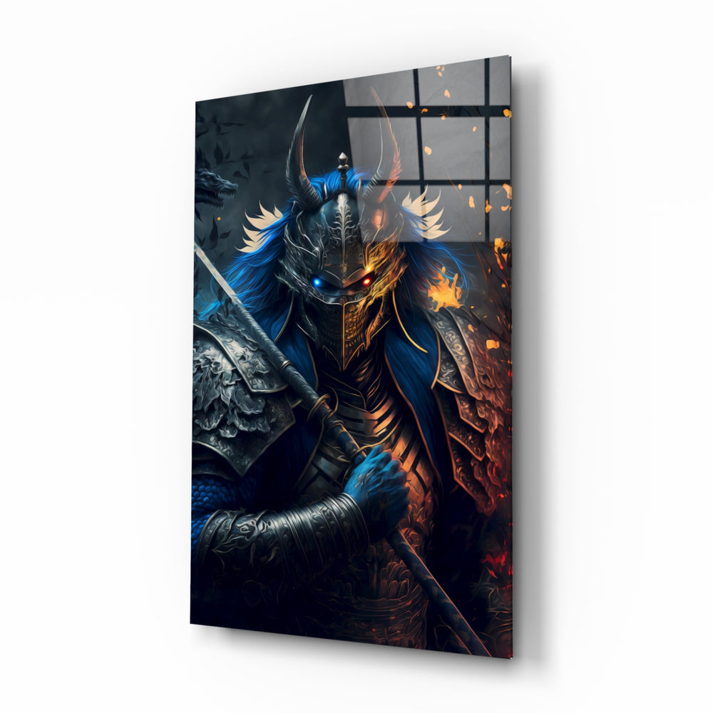 Lord Warrior glass wall art displayed above a black leather sectional in a moody man cave with brass sconces