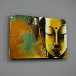 Zen-portrait panel bringing meditative warmth to a contemporary bathroom
