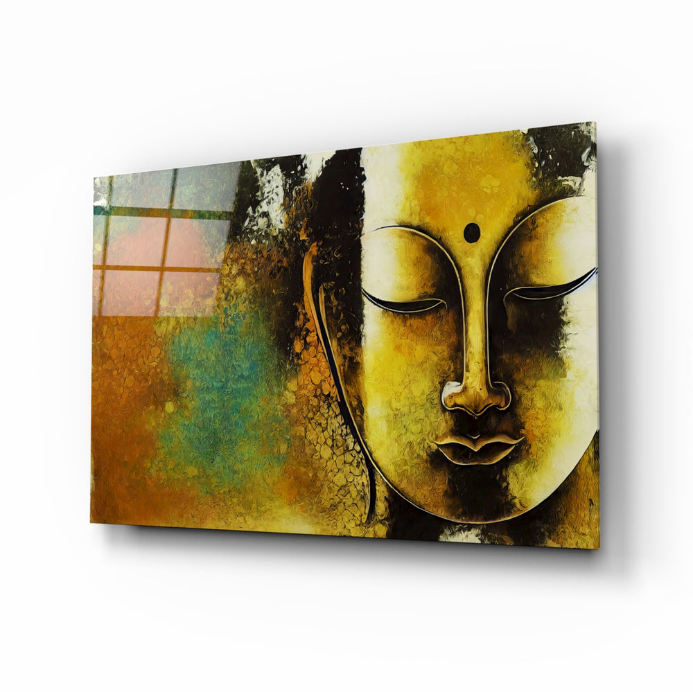 Buddha glass wall art displayed above a walnut headboard in a serene bedroom with linen drapes