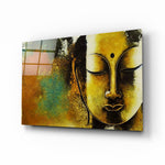 Buddha glass wall art displayed above a walnut headboard in a serene bedroom with linen drapes