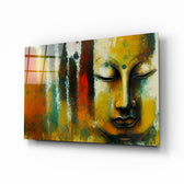Buddha glass wall art displayed above a walnut headboard in a serene bedroom with linen drapes