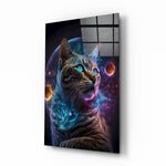 Moon Cat glass wall art displayed above a desk in a kids room with cobalt and magenta LED accents