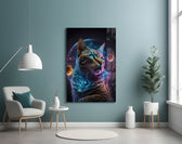 Moon Cat glass wall art styled above a console in a living room