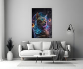 Moon Cat close-up showing tabby cat with blue-eyed gaze toward ember planets